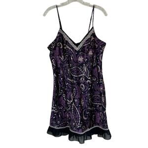 Apt.9 Y2K Sexy Satin Babydoll Slip Dress 90s Dark Paisley Print Ruffled Hem Sz L